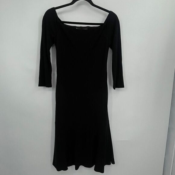 Ralph Lauren Black Label Black Stretch Square Neck 3/4 Sleeve Midi Dress Size 10 - Picture 1 of 9